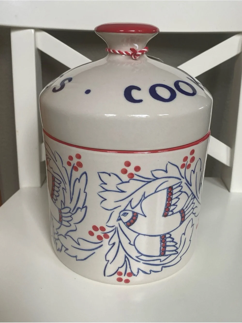 Anthropologie Molly Hatch Cookie Jar Cooklies Bird Canister Blue Red Lid